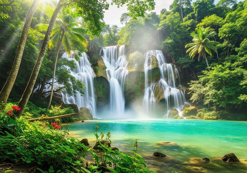 Waterval in tropisch bos met turquoise zwembad van Markus Gann