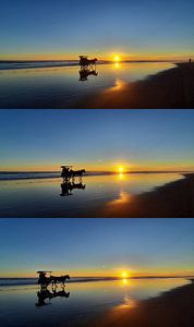Silhouetted horse-drawn carriages on beach at sunset-Vertical Triptych