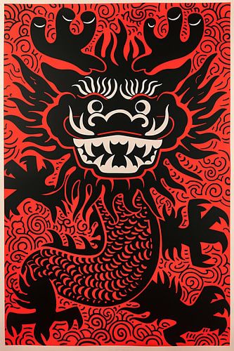 Moderne Chinese draak in rood en zwart