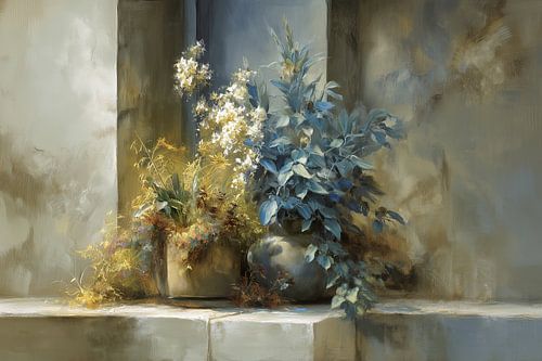 Vasen Blumen | Blaue Blätter und weiße Blüten