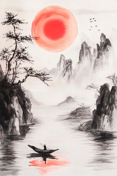 Montagnes enneigées dans un coucher de soleil rouge par Poster Art Shop
