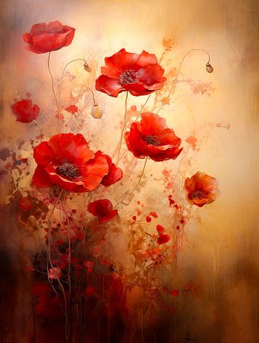 Schilderachtig klaprozenportret – warme bloemenkunst in rood, roze en zacht licht