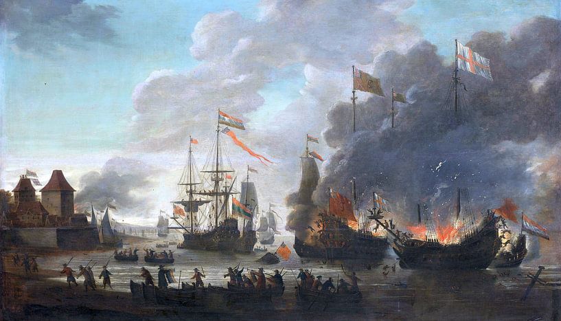 Dutch set fire to English ships near Chatham, 20 June 1667, Jan van Leyden, 1667 - 1669 by Atelier Liesjes