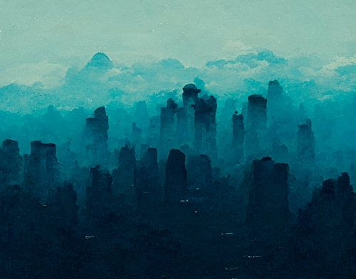 Ontwakende stad in de mist