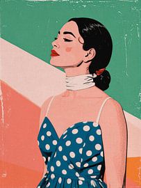 Femme au look rétro dans une robe bleue à pois, effet lin sur Studio Pieternel