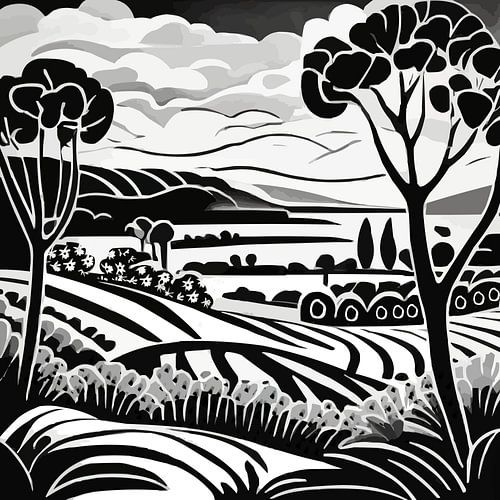 Twee hoge bomen in glooiend landschap