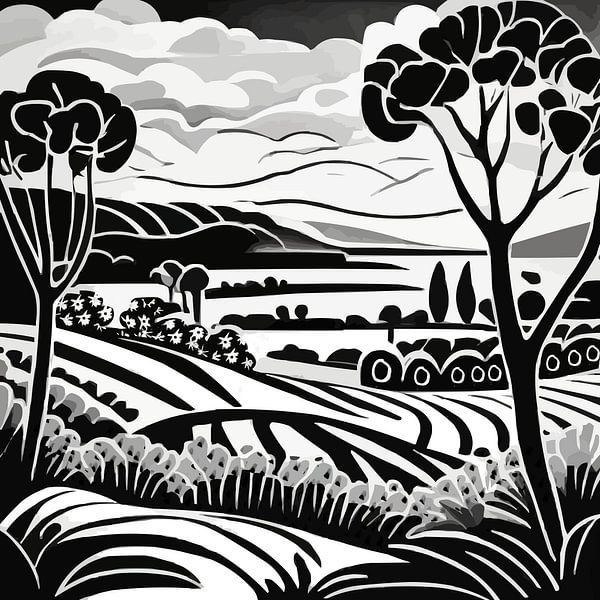 Two tall trees in rolling landscape by Anna Marie de Klerk