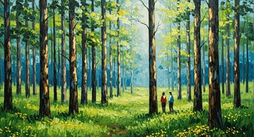 Paysage forestier impressionniste avec personnages marchant – Peinture à l'huile texturée représentant la nature et la tranquillité sur Kimita Jennaira