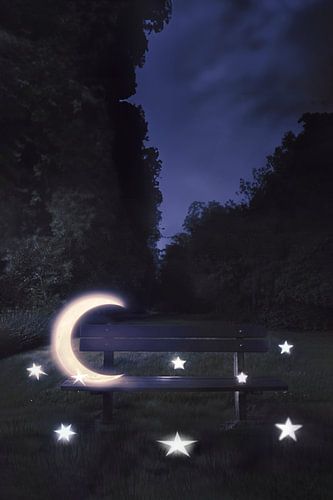 Surrealistische Muurkunst - De Maan op een Bankje met Sterren in het Gras