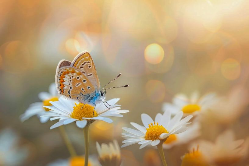 Foto eines Schmetterlings, der sich auf einer Blume in einer Blumenwiese ausruht von Joriali Fotografie und Gemälde