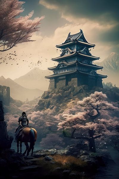 Samurai | paysage avec château et arbres en fleurs 6 par Digitale Schilderijen