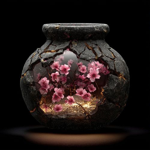 Pink sakura blossoms in a black stone pot