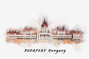 Budapester Parlament auf der Donau in Aquarell
