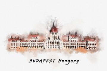Budapest Parliament on Danube in Watercolor by Andreea Eva Herczegh