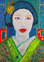 Vrouw in Geisha uitdossing met blauw haar