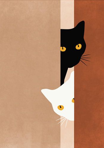 Twee nieuwsgierige katjes kijken om de hoek, bohemian stijl.