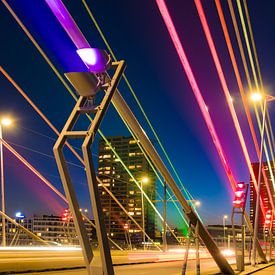 De nachtverlichting van de Erasmusbrug, Rotterdam van Anna Krasnopeeva