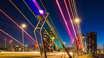 De nachtverlichting van de Erasmusbrug, Rotterdam van Anna Krasnopeeva
