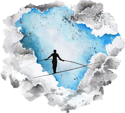 Waterverf schilderij van een man op een balanceer koord