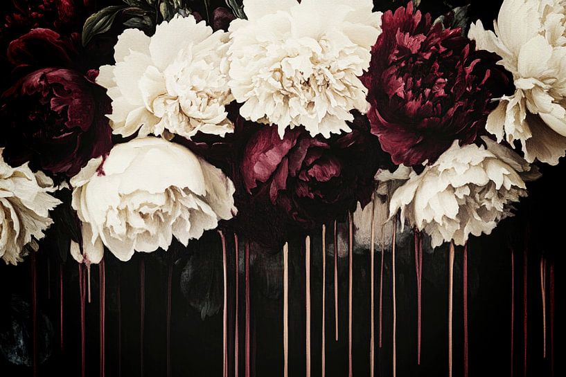 Dunkle fließende florale Pfingstrosen Romanze von Floral Abstractions