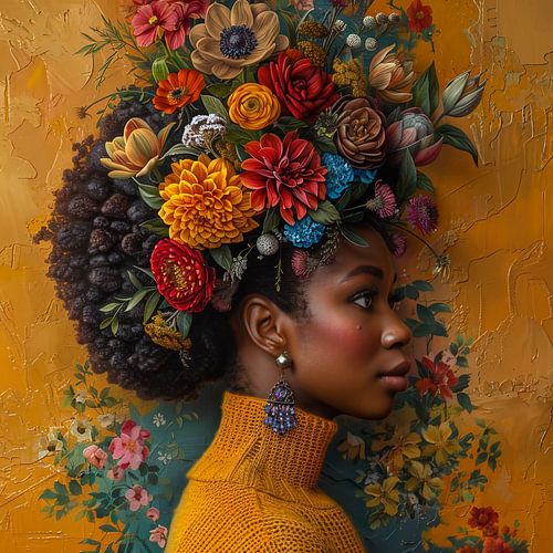 Portret van Afrikaanse vrouw, met bloemen op haar hoofd. van Jellie van Althuis