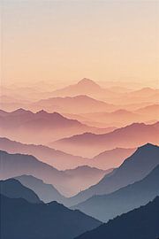„Misty Mountain Range at Sunrise“ – Stimmungsvolles Wandbild mit vielschichtiger Landschaft in Blau- und Pfirsich-Ombré von VICTOR S