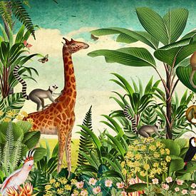 Jungle wallpaper with giraffe, panther, toucan and monkeys.