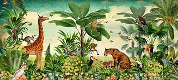 Papier peint de la jungle avec girafe, panthère, toucan et singes.