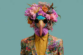 Farbenfroher Vogel mit Blumen und Sonnenbrille von Digitale Schilderijen