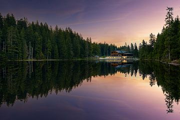 Hütte mit Spiegelung, am Arbersee im Bayerischen Wald