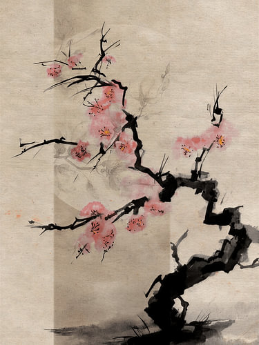 Japandi Art: Stijlvolle roze bloesemtak in collage stijl