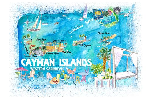 Carte de voyage illustrée des îles Caïmans avec routes et points forts