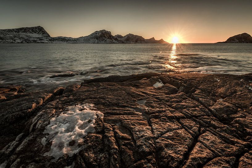 The famous sand beach near Haukland during sunset on the Lofoten islands in Norway on clear winter d by Robert Ruidl