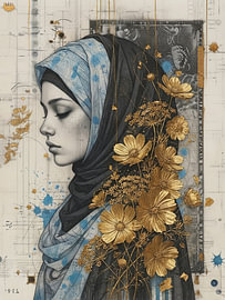 An elegant woman with golden flowers and abstract blue splashes. by Fgworks