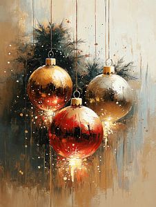 Weihnachtskugeln | Drei Kugeln Tannenzweig