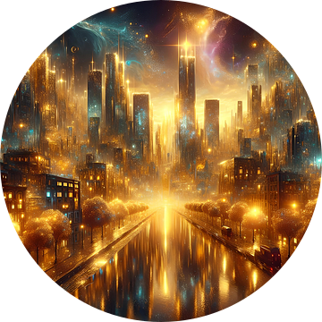 Virtual reality: Een gouden stad met futuristische gebouwen bij nacht van Eye on You