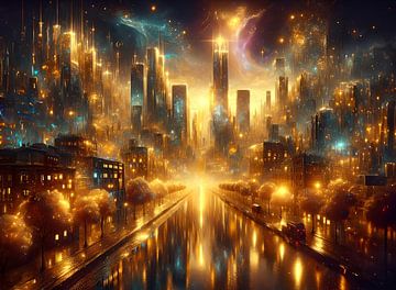 Réalité virtuelle : Une ville dorée avec des bâtiments futuristes la nuit sur Eye on You