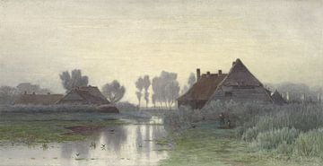 Boerenwoningen aan het water bij ochtendnevel, Paul Joseph Constantin Gabriël