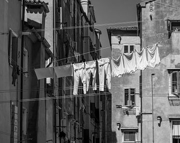 Wasgoed aan een waslijn tussen huizen in Italië Zwart-wit van Animaflora PicsStock