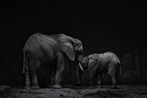 Art de la mère et de l'éléphanteau en noir et blanc