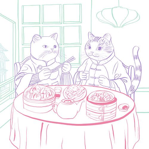 Katten genieten van Dim Sum