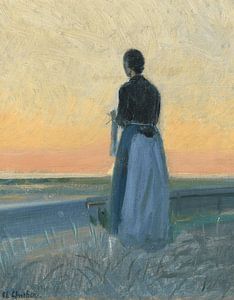Anna Ancher, junge Frau mit Strickzeug im Sonnenuntergang stehend