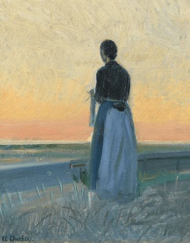 Anna Ancher, jonge vrouw met breigoed staande in de zonsondergang