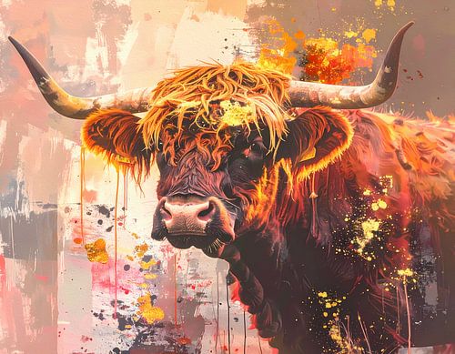 Stoere hooglander stier in kleurige stijl