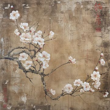 Blossom Asia square beige brown digital art by Digitale Schilderijen