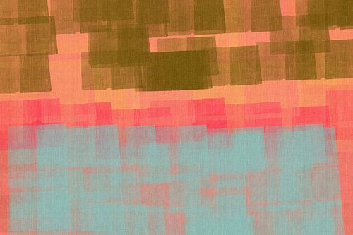 Abstract in mosgroen, oranje, roze en lichtblauw.