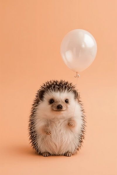 Hedgehog with white balloon on peach-coloured background by Dante S