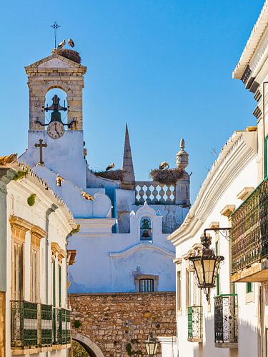 Storks on the city gate in the old town of Faro in the Algarve – Portugal by Werner Dieterich