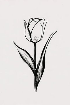 Tulipe minimaliste aux lignes noires et blanches sur De Muurdecoratie