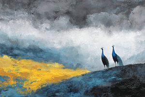 Deux paons sous un ciel d'orage